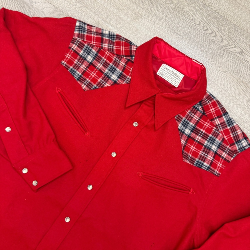 Vintage Pendleton High Grade Western Wool Shirt Mens L Red Plaid Pearl Snap